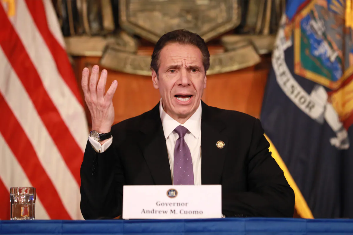 New York Gov. Andrew Cuomo gives his a press briefing about the CCP virus crisis in Albany, New York, on April 17, 2020. (Matthew Cavanaugh/Getty Images)