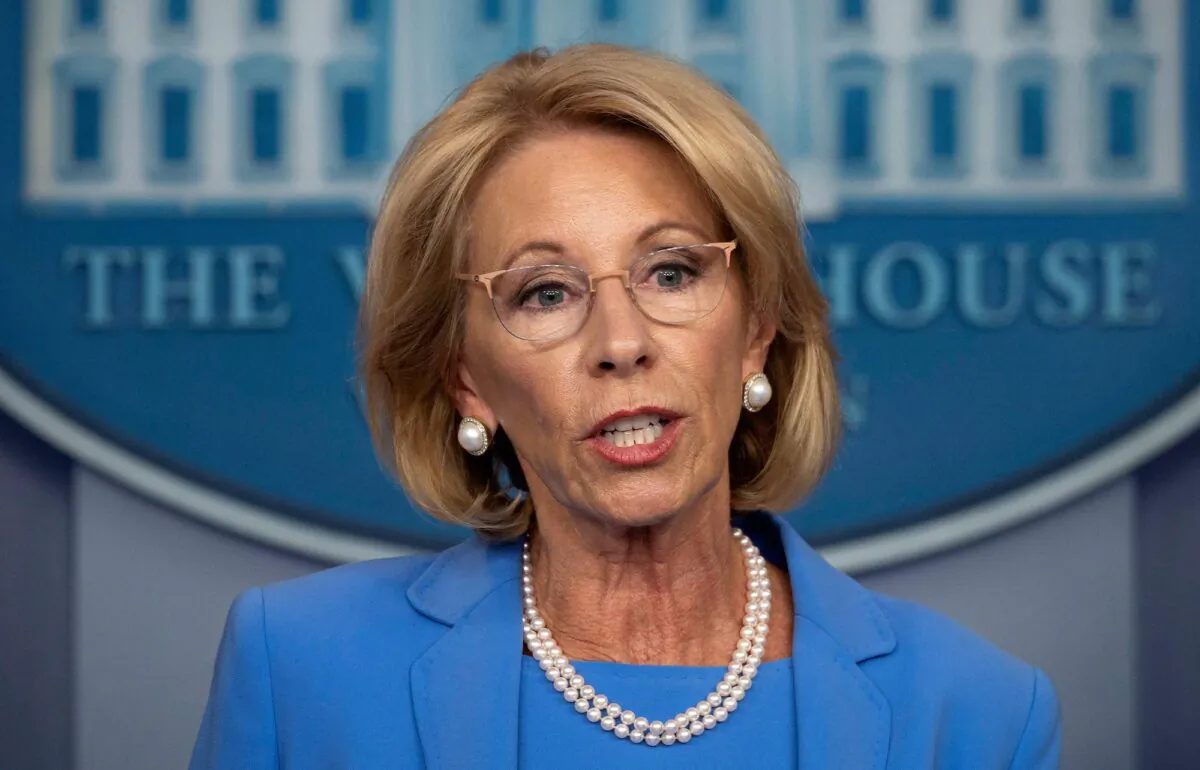Secretary of Education Betsy DeVos speaks during a White House briefing on March 27, 2020. (Jim Watson/AFP via Getty Images)