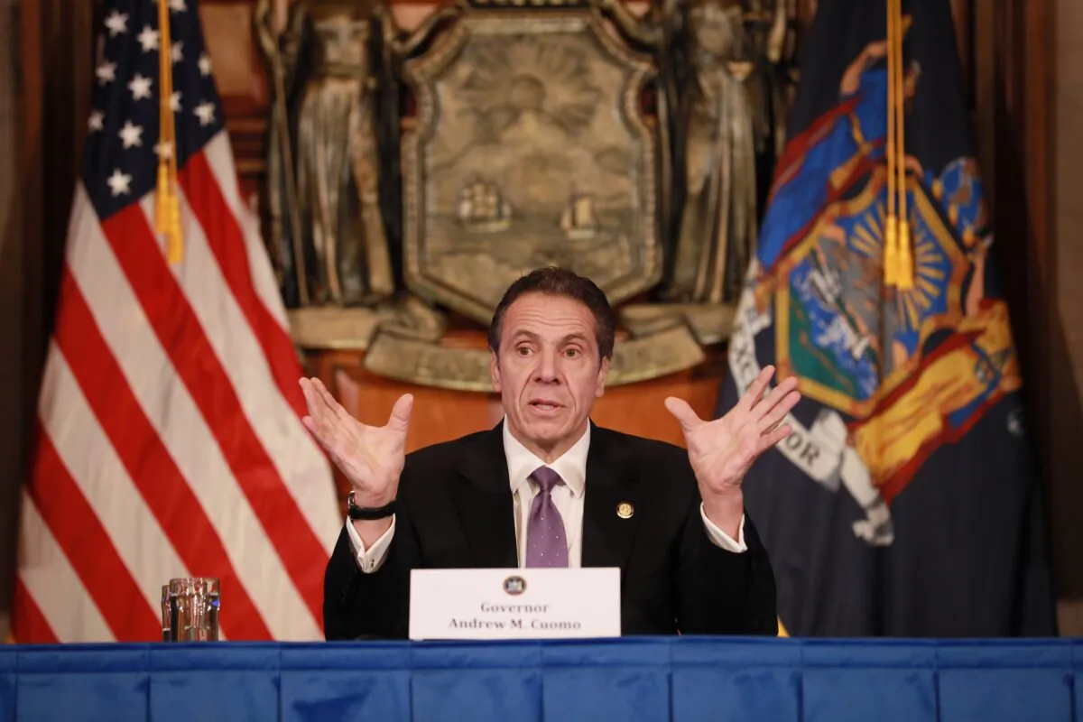 New York Gov. Andrew Cuomo gives a daily CCP virus briefing in Albany, New York, on April 17, 2020. (Matthew Cavanaugh/Getty Images)