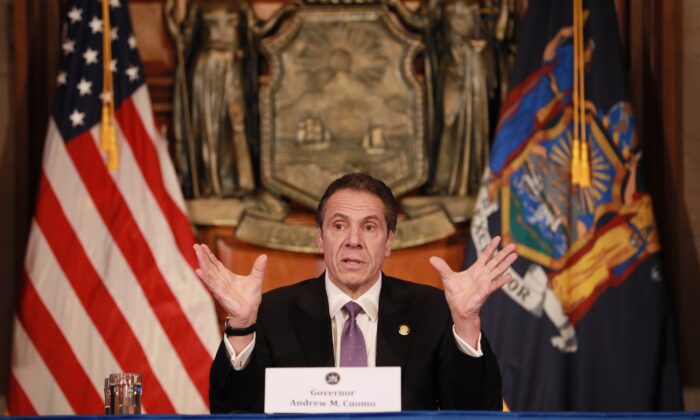 New York Gov. Andrew Cuomo gives a daily CCP virus briefing in Albany, New York, on April 17, 2020. (Matthew Cavanaugh/Getty Images)