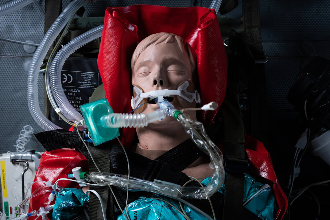 A medical mannequin wearing a ventilator is seen in Andover, England, on April 9, 2020. (Leon Neal/Getty Images)