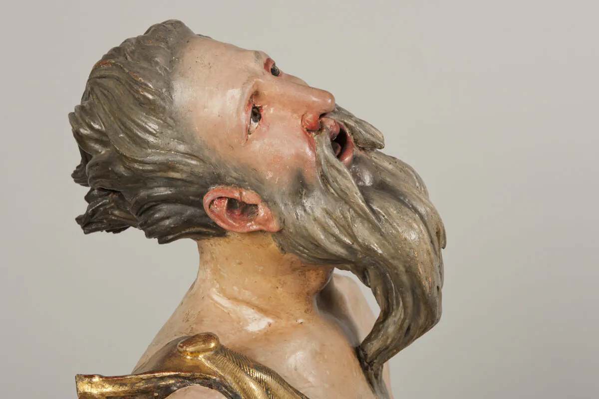 Detail of Abraham’s face in "The Sacrifice of Isaac," 1526–1533, by Alonso Berruguete. Polychromed wood with gilding. National Museum of Sculpture, Valladolid, Spain. (Javier Muñoz and Paz Pastor/National Museum of Sculpture, Valladolid, Spain)