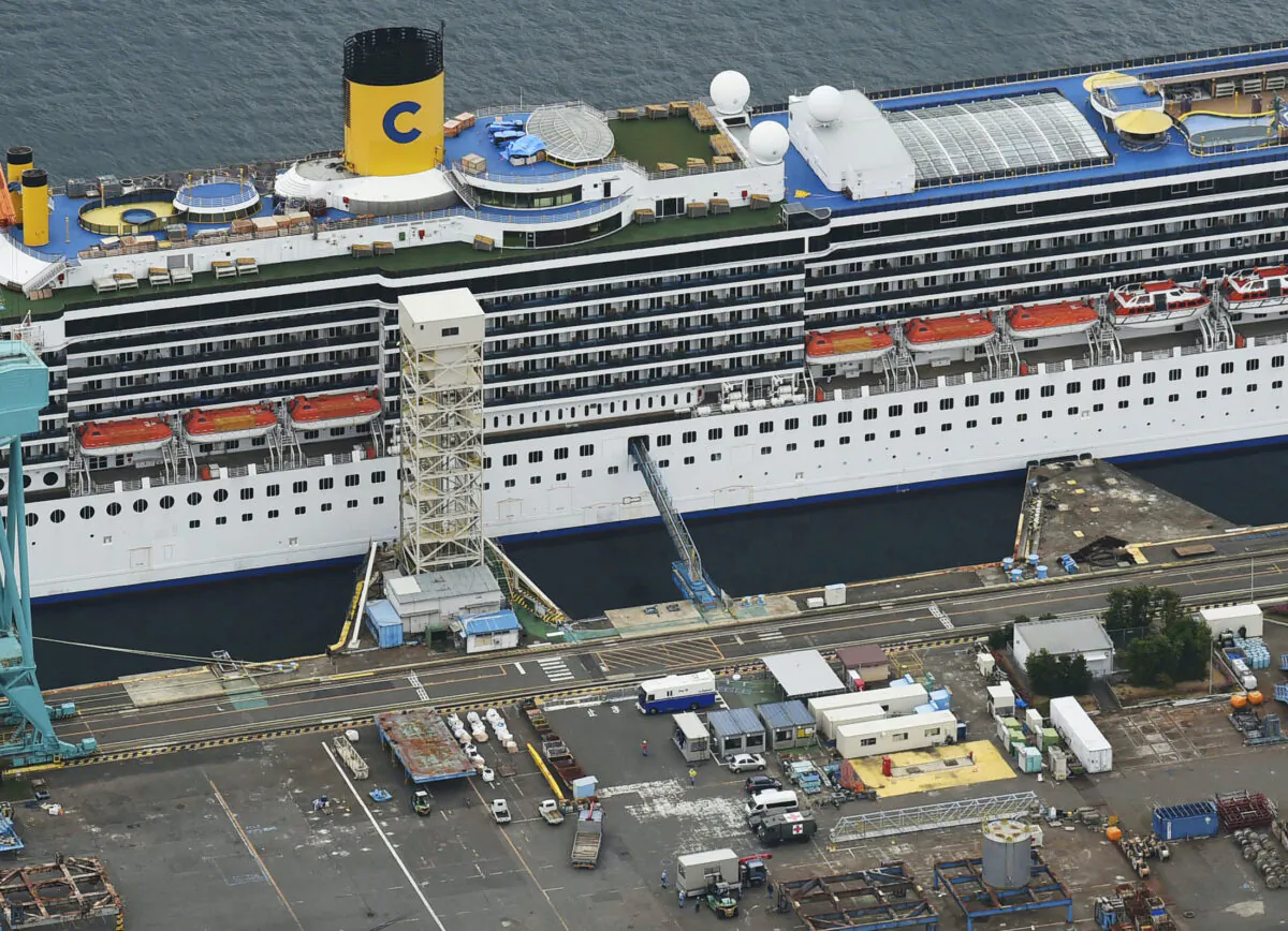 An aerial view shows Italian cruise ship Costa Atlantica, which has crew members confirmed with cases of the coronavirus disease (COVID-19) infection, in Nagasaki, southern Japan on April 23, 2020. (Kyodo/Reuters)