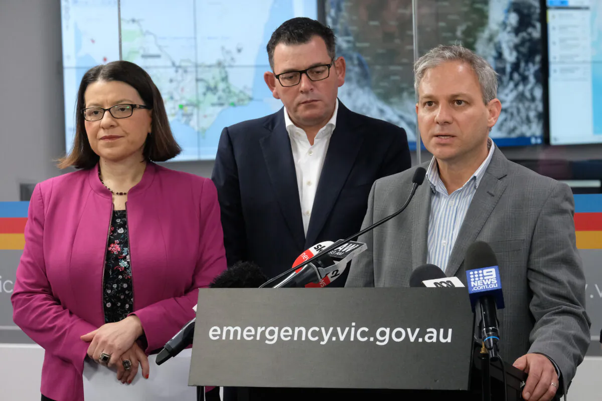(L-R) Minister for Health, Jenny Mikakos, Premier Daniel Andrews, and Chief Health Officer, Brett Sutton, Melbourne, Australia.  March 11, 2020.  (Luis Ascui/Getty Images)
