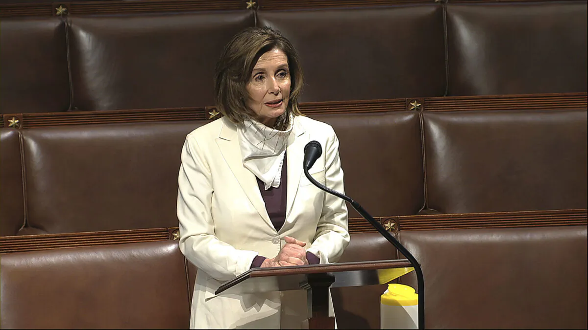 House Speaker Nancy Pelosi (D-Calif.) speaks on the floor of the House of Representatives at the U.S. Capitol in Washington, on April 23, 2020. (House Television/AP)
