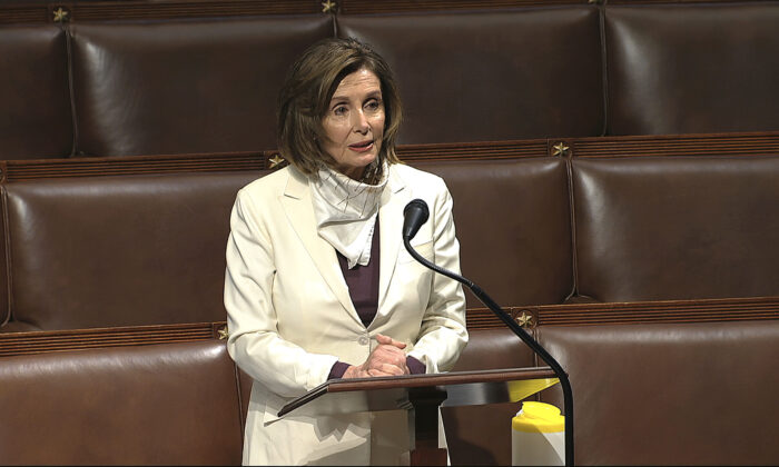 House Speaker Nancy Pelosi (D-Calif.) speaks on the floor of the House of Representatives at the U.S. Capitol in Washington on April 23, 2020. (House Television via AP)