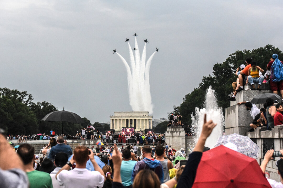 The Blue Angels (six F-18s) fly overhead as people gather on the National Mall for the "Salute to America" Fourth of July event with President Donald Trump at the Lincoln Memorial in Washington, on July 4, 2019. (Stephanie Keith/Getty Images)