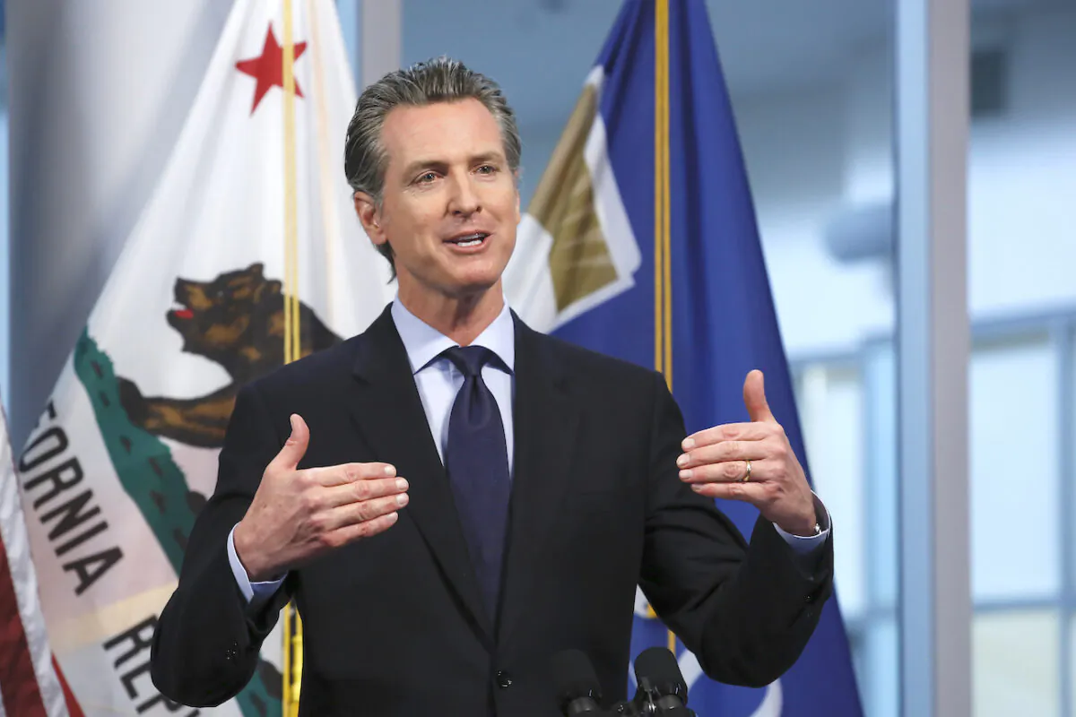 California Gov. Gavin Newsom speaks at his daily news briefing at the Governor's Office of Emergency Services in Rancho Cordova, Calif., on April 9, 2020. (Rich Pedroncelli, Pool/AP Photo)