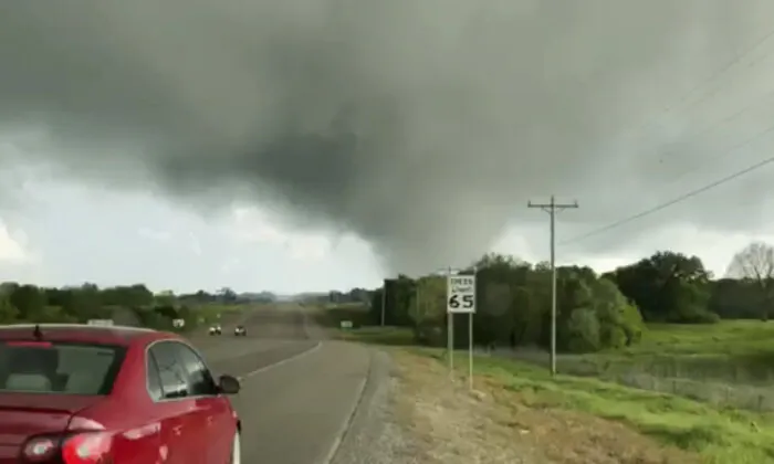 This image made from video provided by Thomas Marcum shows a tornado seen from State Highway 48 in Durant, Okla., on April 22, 2020. (Thomas Marcum via AP)
