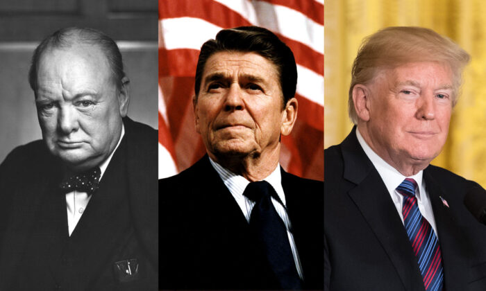 UK Prime Minister Sir Winston Churchill (Yousuf Karsh/Library and Archives Canada via Wikimedia Commons); President Ronald Reagan (Michael Evans/The White House/Getty Images); President Donald Trump (Samira Bouaou/The Epoch Times)