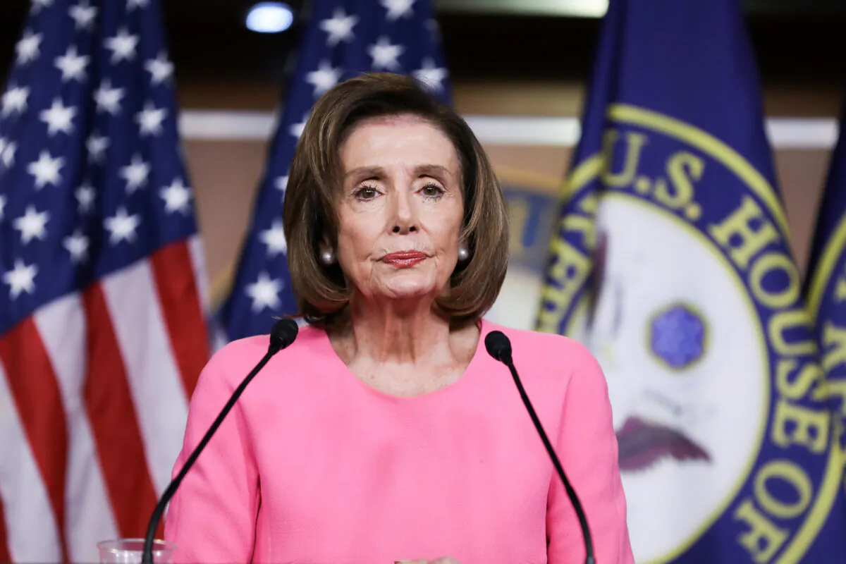 Speaker of the House Nancy Pelosi (D-Calif.) holds a press conference on March 26, 2020. (Charlotte Cuthbertson/The Epoch Times)