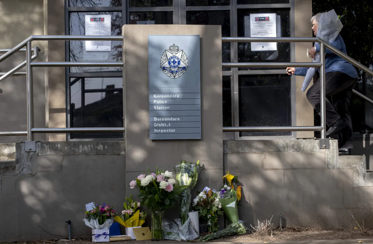 Tribute for fallen four police officers. Boroondara Police station in Melbourne, Australia on April 23, 2020. (Luis Ascui/Getty Images)