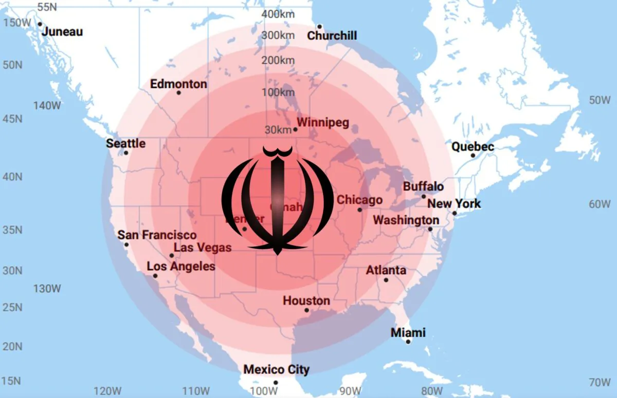 The pomegranate symbol from the Iranian flag atop an image created for the Congressional EMP Commission depicting the area affected by a nuclear electromagnetic pulse detonated at various heights of burst over North America and centered on the United States. (Tommy Waller/public domain)