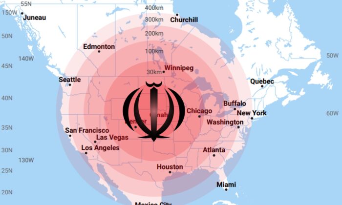 The pomegranate symbol from the Iranian flag atop an image created for the Congressional EMP Commission depicting the area affected by a nuclear electromagnetic pulse detonated at various heights of burst over North America and centered on the United States. (Tommy Waller/public domain)