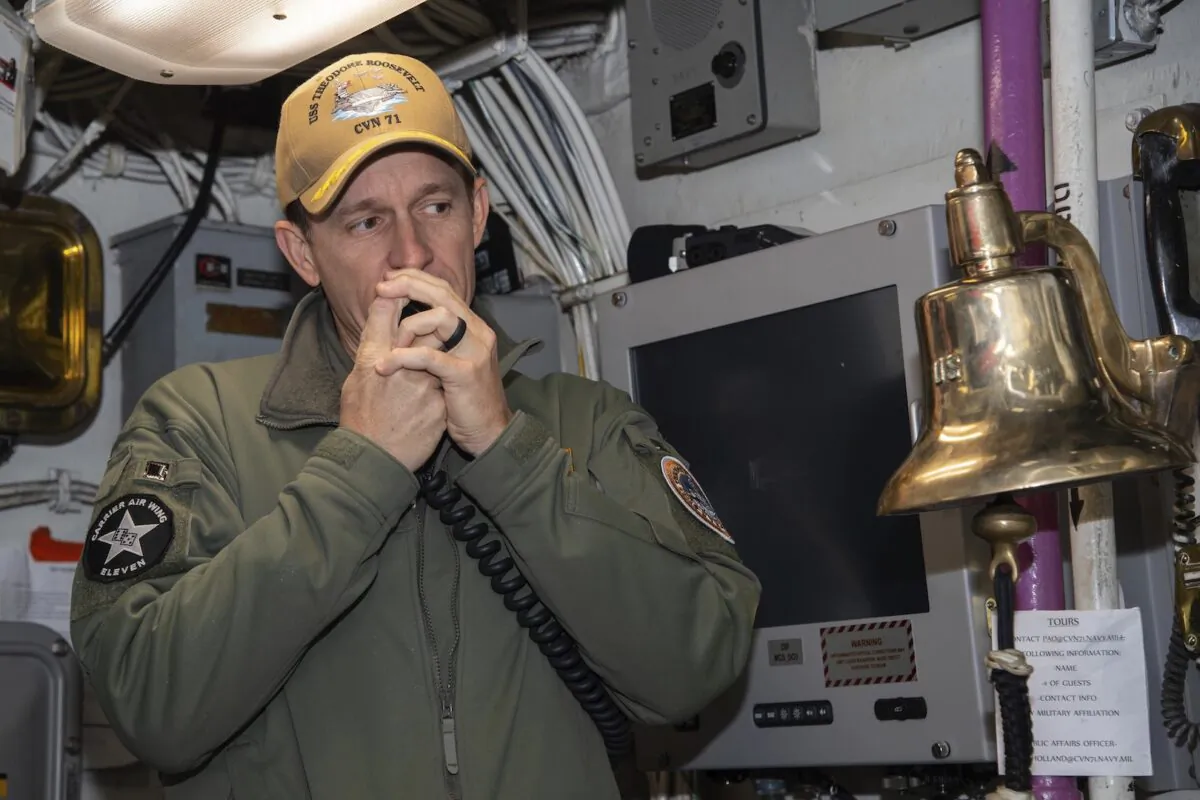 Then-Capt. Brett Crozier, commanding officer of the aircraft carrier USS Theodore Roosevelt (CVN 71), addresses the crew on Jan. 17, 2020. (Mass Communication Specialist Seaman Alexander Williams)