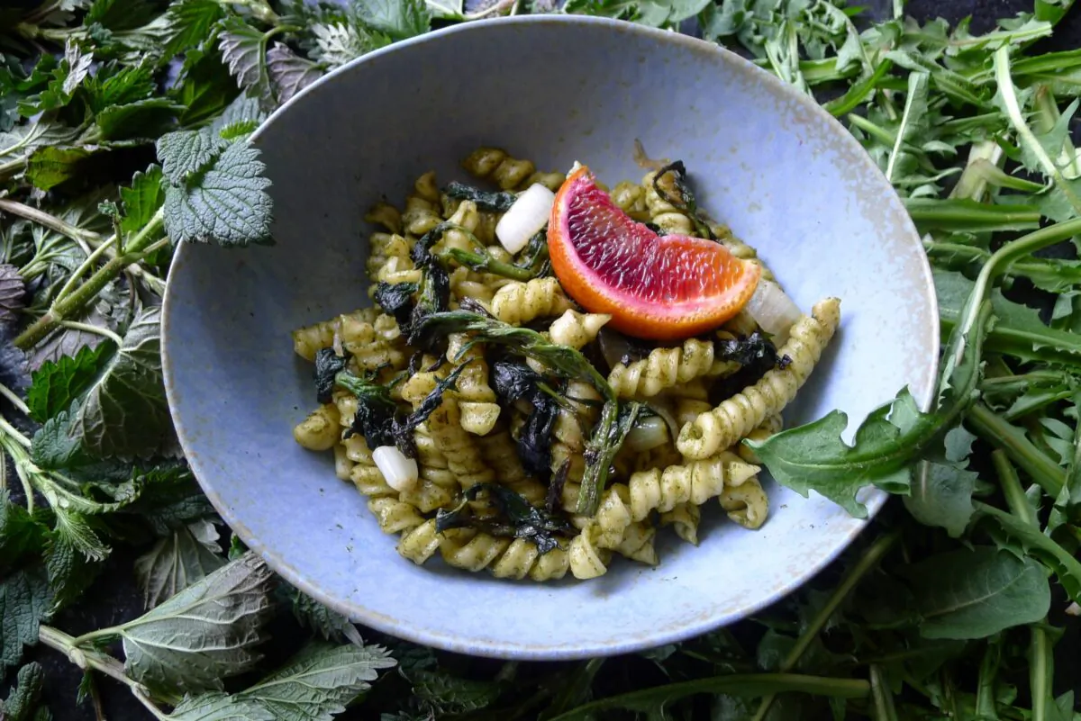 Hot pasta tossed with nettle and dandelion greens pesto. (Ari LeVaux)