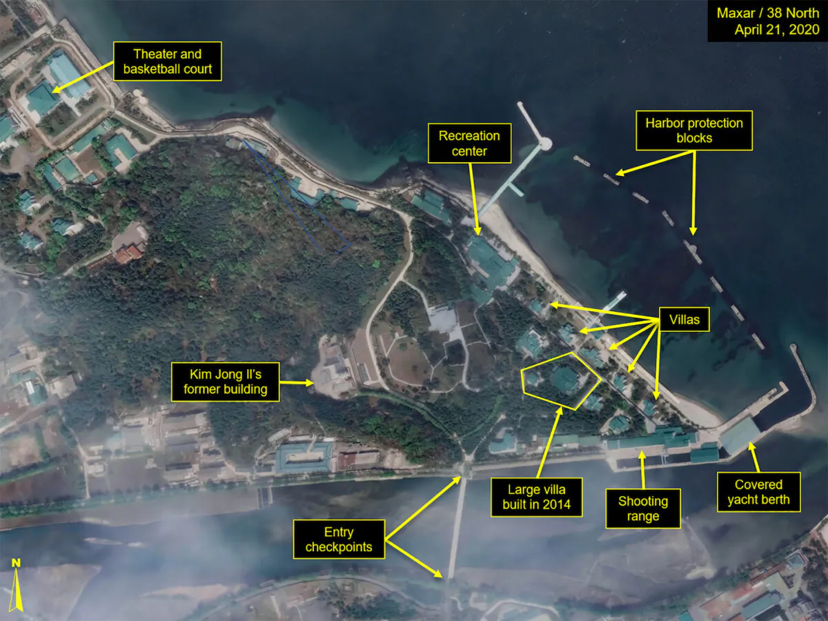 What is described by Washington-based North Korea monitoring project 38 North as a leadership train station servicing North Korean leader Kim Jong Un's Wonsan complex is seen in a satellite image with graphics taken over Wonsan, North Korea, on April 21, 2020. (North/Handout via Reuters)