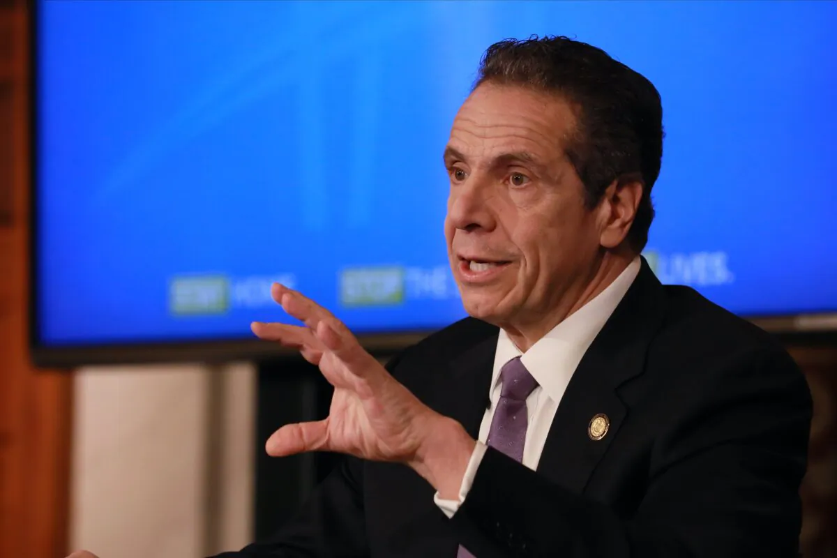 New York Governor Andrew Cuomo gives his a press briefing about the coronavirus crisis in Albany, New York, on April 17, 2020. (Matthew Cavanaugh/Getty Images)