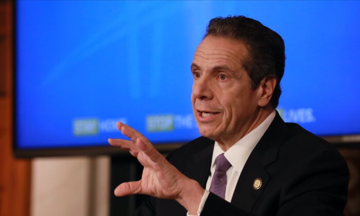 New York Governor Andrew Cuomo gives his a press briefing about the coronavirus crisis in Albany, New York, on April 17, 2020. (Matthew Cavanaugh/Getty Images)