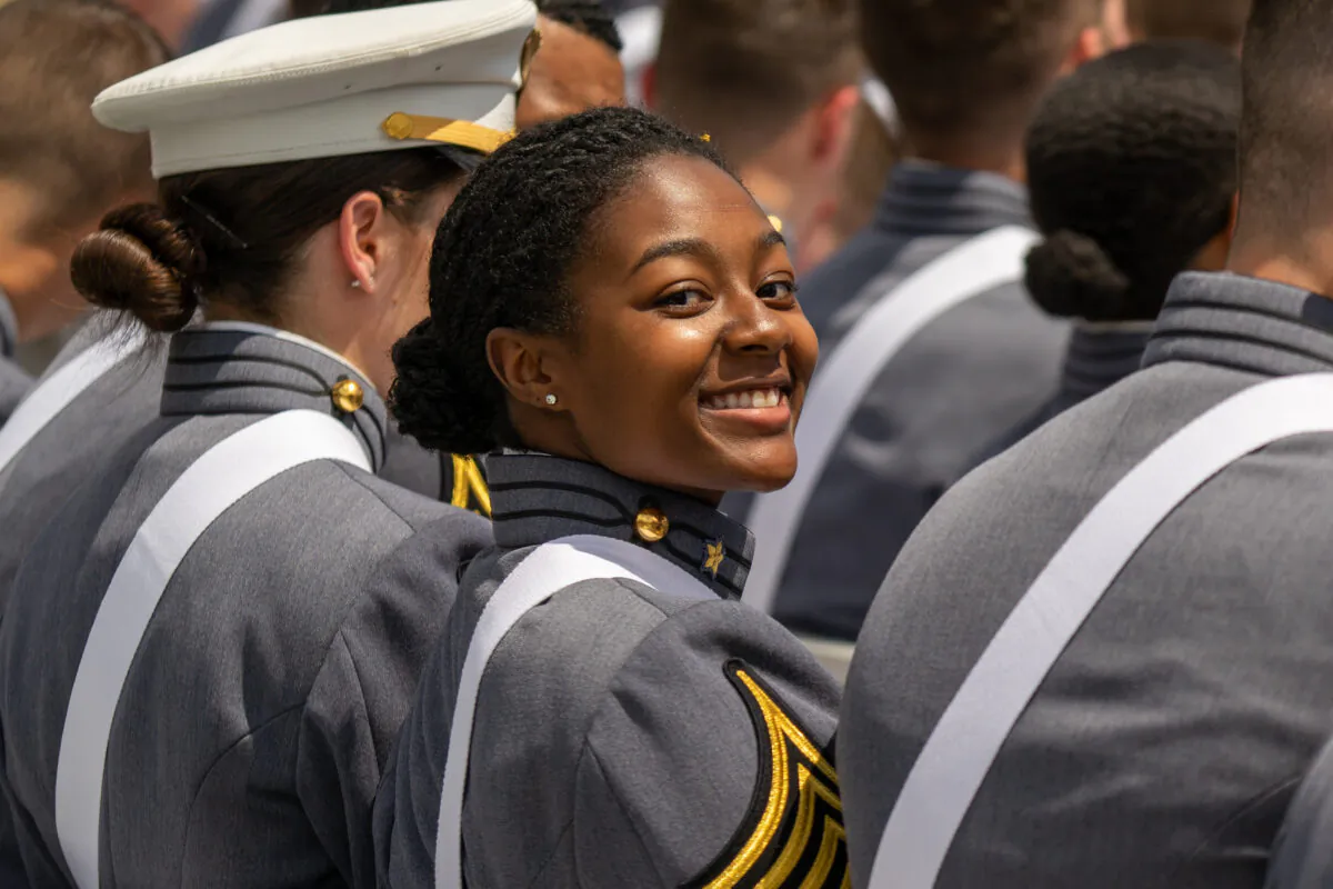 A West Point graduate smiles during the U.S. Military Academy Class of 2019 graduation ceremony at Michie Stadium in West Point, New York on May 25, 2019. (David Dee Delgado/Getty Images)