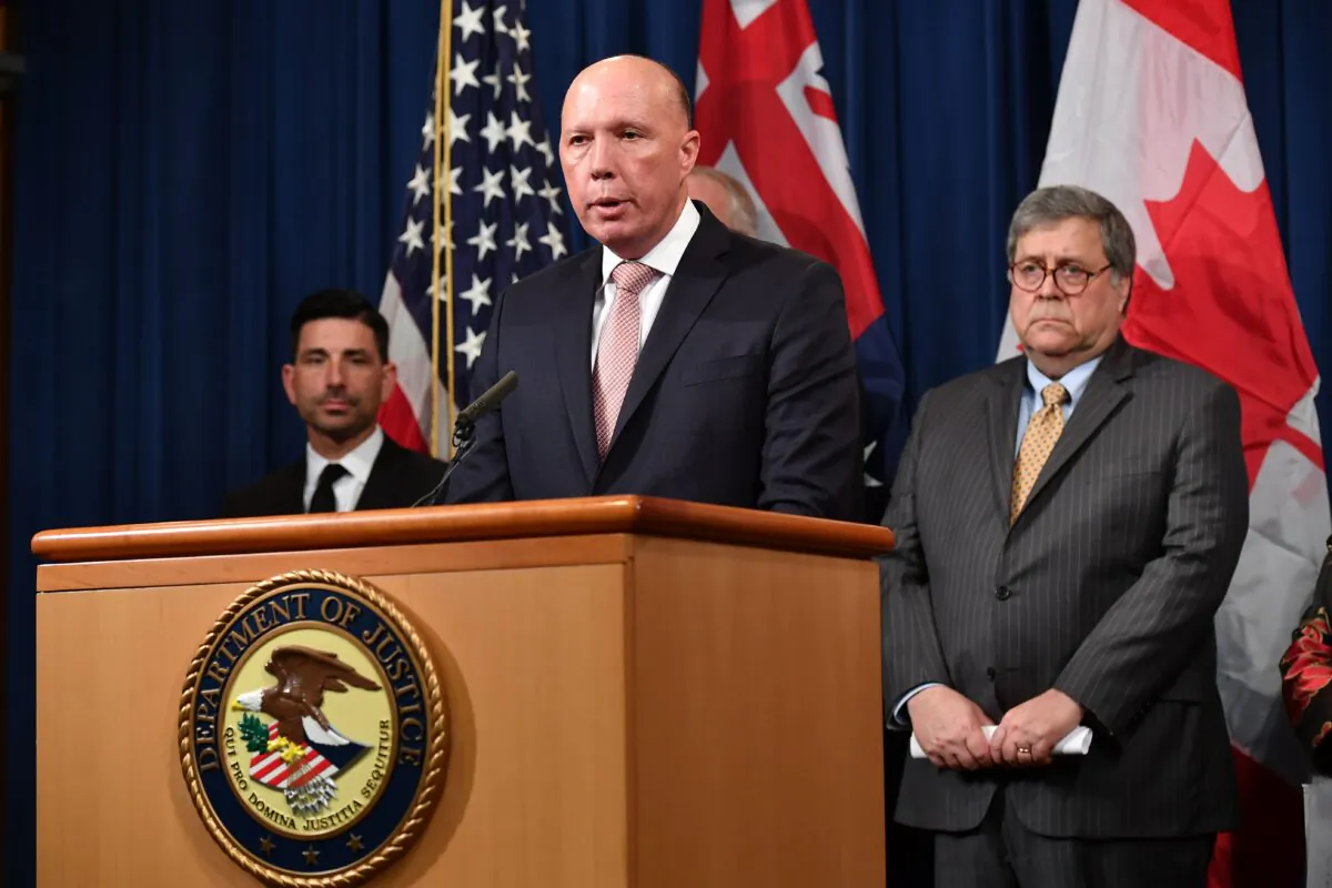 Australia's Minister for Home Affairs Peter Dutton during a press conference at the Department of Justice in Washington,DC, March 5, 2020  (MANDEL NGAN/ Getty Images)