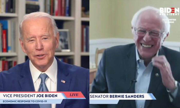 Screengrab of Sen. Bernie Sanders (I-Vt.) endorsing Democratic presidential candidate former Vice President Joe Biden during a live streaming broadcast on April 13, 2020. Sanders said, “Today, I am asking all Americans—I’m asking every Democrat, I’m asking every Independent, I’m asking a lot of Republicans—to come together in this campaign to support your candidacy.” (JoeBiden.com via Getty Images)