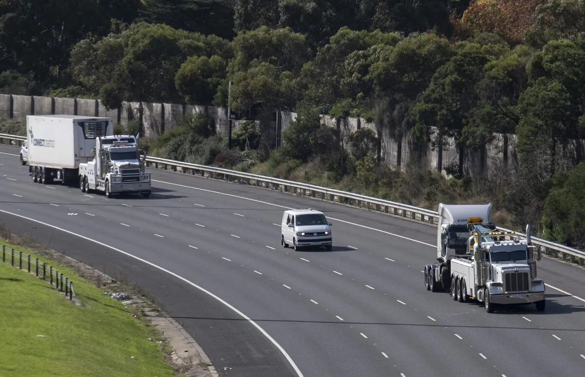 The truck involved in the crash which killed four police officers, Eastern Freeway, Melbourne, Australia, April 23, 2020. (Luis Ascui/Getty Images)