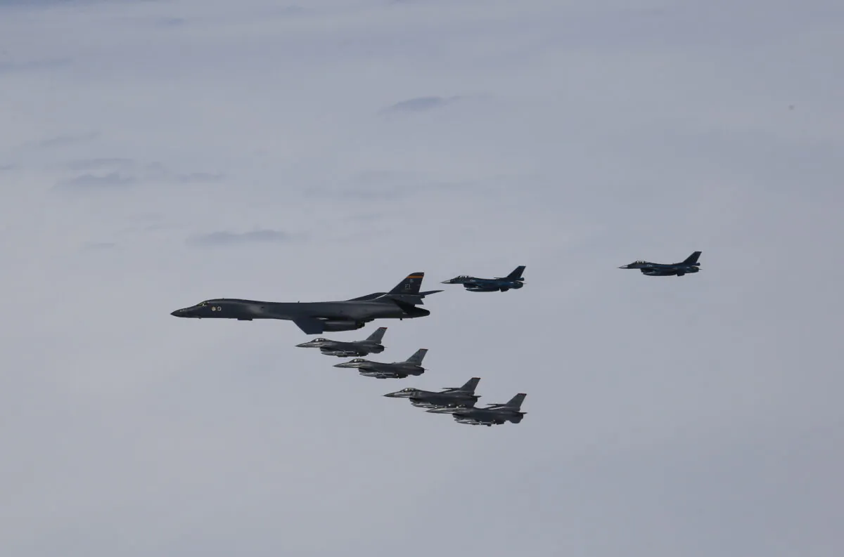A U.S. Air Force B-1B Lancer from Ellsworth Air Force Base, S.D., and F-16 Fighting Falcons from Misawa Air Base, Japan, conducted bilateral joint training with Japan Air Self-Defense Force (JASDF) F-2s and F-15s off the coast of Northern Japan, April 22, 2020. (Japan Air-Self Defense Force)