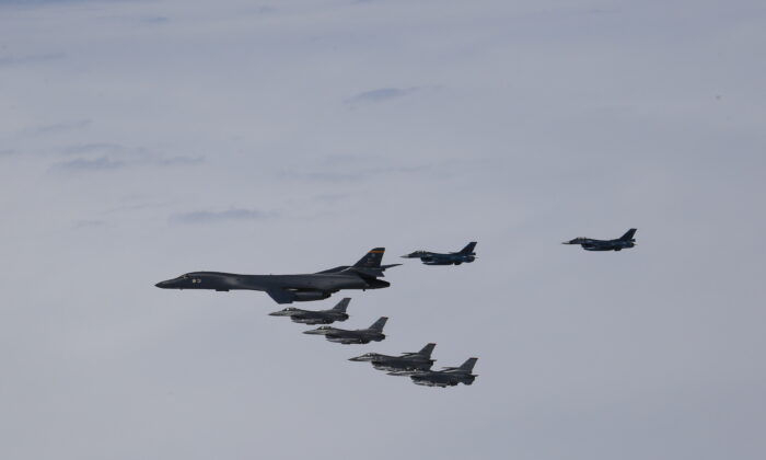 A U.S. Air Force B-1B Lancer from Ellsworth Air Force Base, S.D., and F-16 Fighting Falcons from Misawa Air Base, Japan, conducted bilateral joint training with Japan Air Self-Defense Force (JASDF) F-2s and F-15s off the coast of Northern Japan, April 22, 2020. (Japan Air-Self Defense Force)
