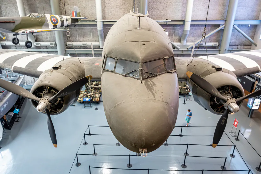 A life-size World War II plane hanging over the lobby of the National WWII Museum. (Victor Wong/Shutterstock)
