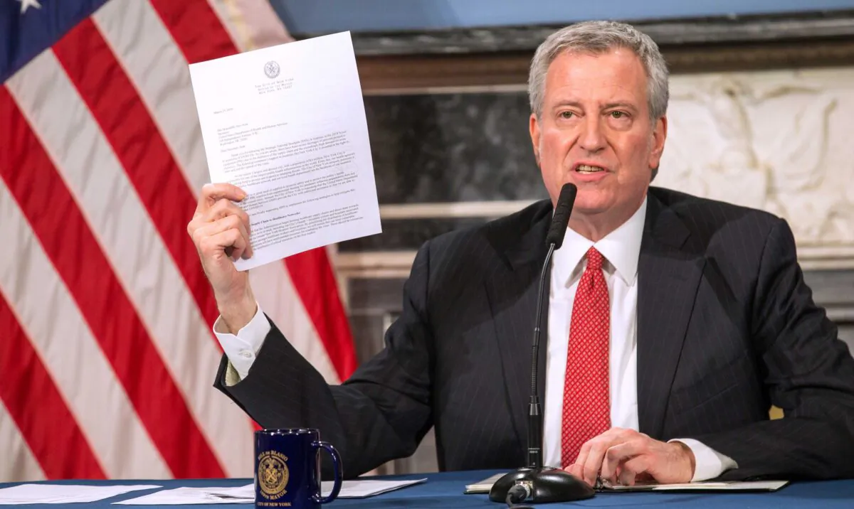 Mayor Bill De Blasio speaks during a video press conference on the city's response to the coronavirus (COVID-19) outbreak held at City Hall in New York City on March 19, 2020. (William Farrington/Getty Images)