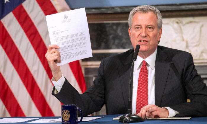 Mayor Bill De Blasio speaks during a video press conference on the city's response to the coronavirus (COVID-19) outbreak held at City Hall in New York City on March 19, 2020. (William Farrington/Getty Images)