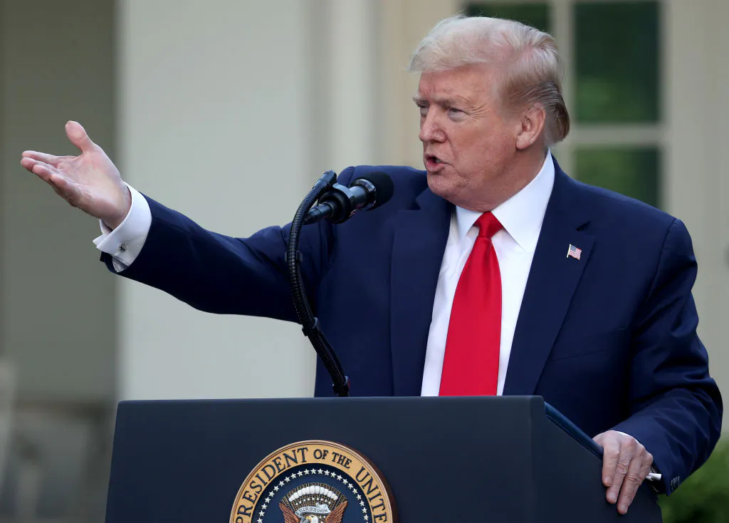 U.S. President Donald Trump answers questions during the daily briefing of the coronavirus task force in the Rose Garden of the White House in Washington on April 27, 2020. (Win McNamee/Getty Images)