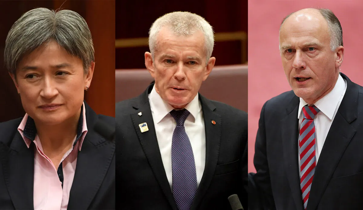 Senators Penny Wong, Malcolm Roberts, Eric Abetz in the Senate at Parliament House. (Tracey Nearmy/Stefan Postles/Getty Images)