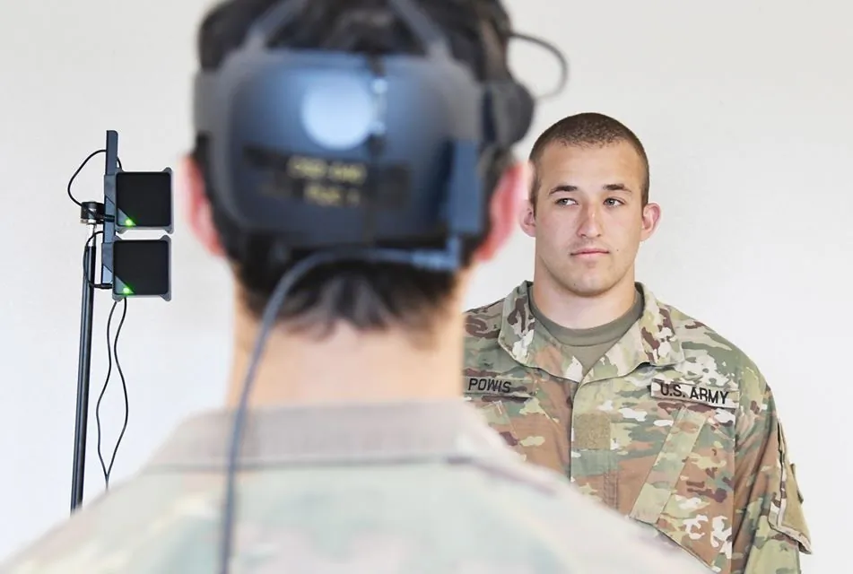 The temperature of a soldier training at Fort Benning, Ga., is taken by a sensor in a modified version of the Integrated Visual Augmentation System, known as IVAS goggles, in this undated handout. (Bridgett Siter/DoD)