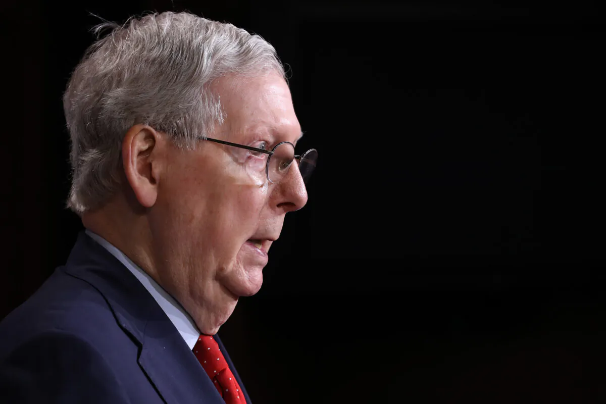 Senate Majority Leader Mitch McConnell (R-Ky.) speaks during a news briefing at the U.S. Capitol in Washington on April 21, 2020. (Chip Somodevilla/Getty Images)