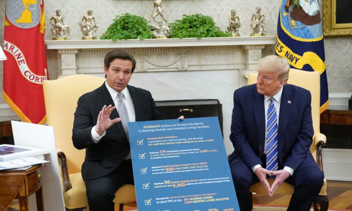 Then-President Donald Trump listens as Florida Gov. Ron DeSantis holds up a sign during a meeting in the Oval Office of the White House in Washington on April 28, 2020. (Mandel Ngan/AFP via Getty Images)