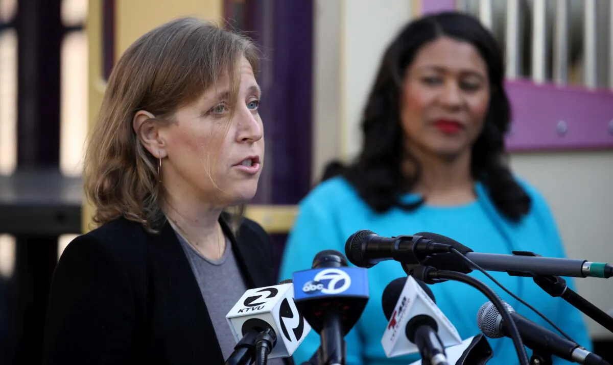 YouTube CEO Susan Wojcicki (L) speaks as San Francisco mayor London Breed (R) looks on during a press conference at Hamilton Families in San Francisco on Nov. 21, 2019. (Justin Sullivan/Getty Images)