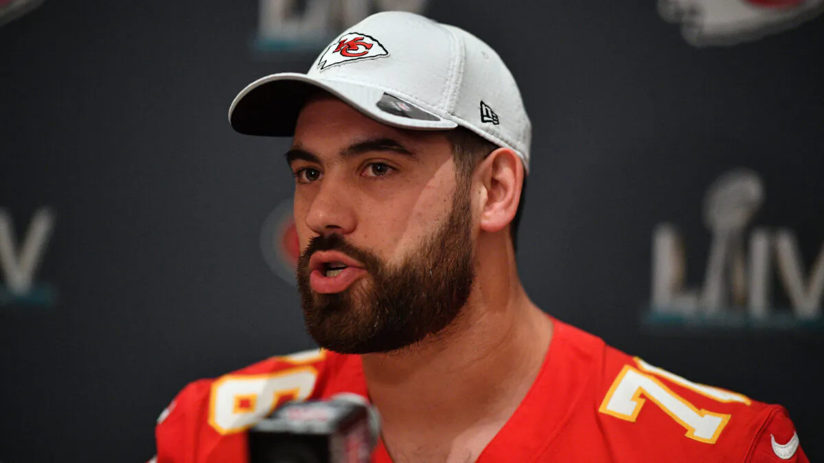 Laurent Duvernay-Tardif of the Kansas City Chiefs speaks to the media prior to Super Bowl LIV at the JW Marriott Turnberry in Aventura, Fla., on Jan. 29, 2020. (Mark Brown/Getty Images)