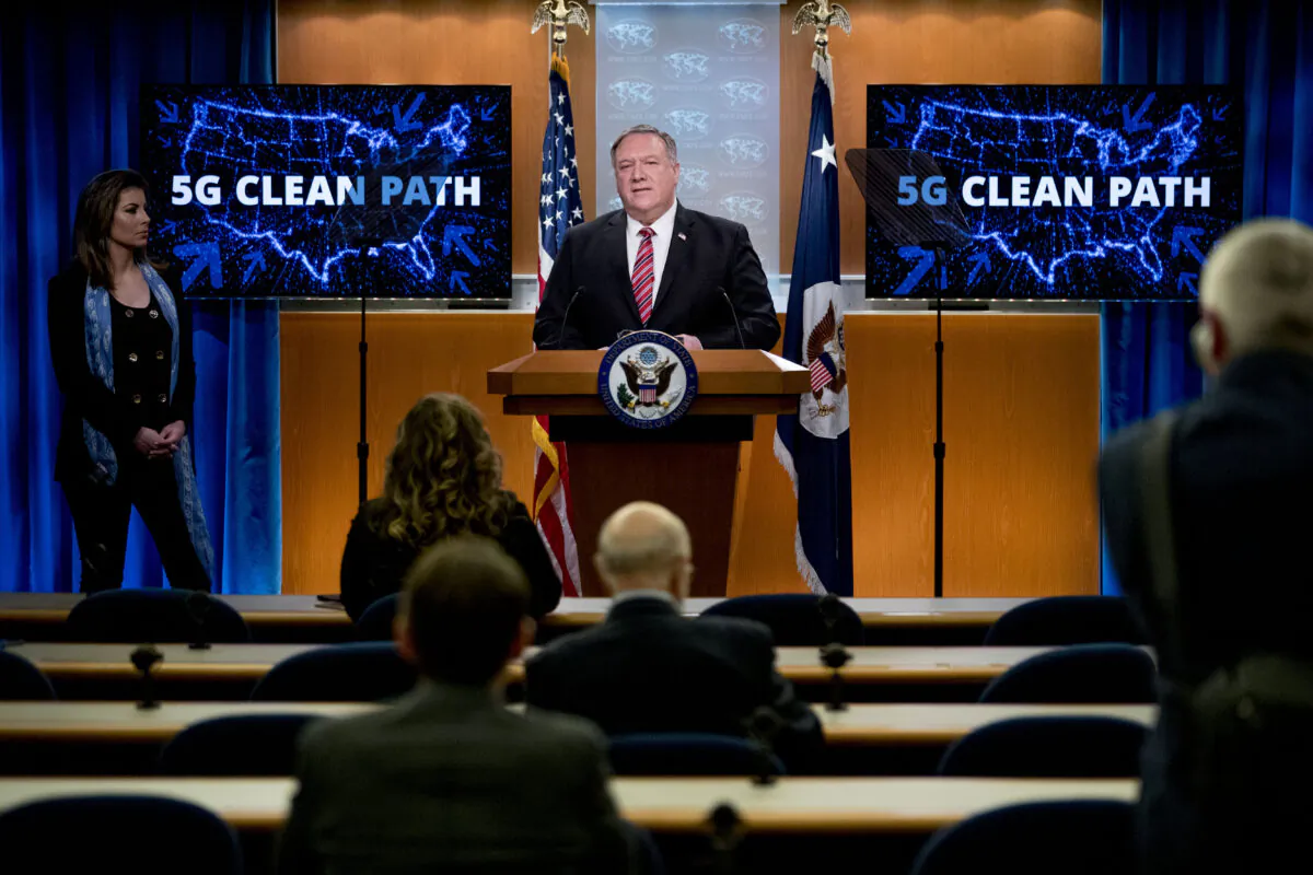 Secretary of State Mike Pompeo, accompanied by State Department spokeswoman Morgan Ortagus speaks at the State Department in Washington on April 29, 2020. (Andrew Harnik/Pool/AFP via Getty Images)