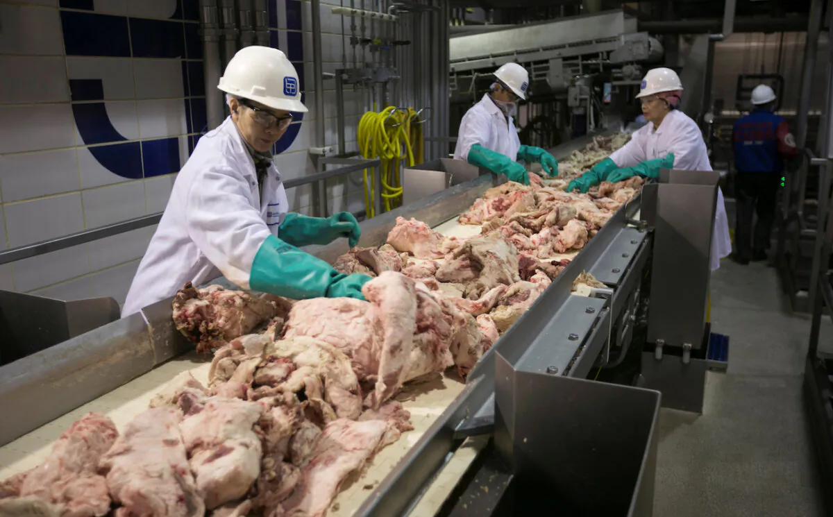 Plant workers inspect cuts at the Beef Products Inc. (BPI) facility in South Sioux City, Neb., on Nov.19, 2012. (Lane Hickenbottom/Reuters)