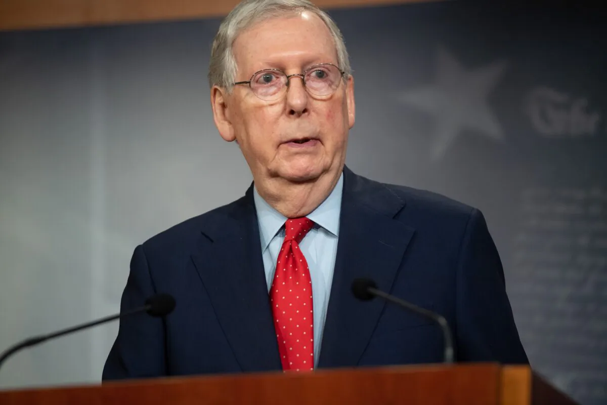 Senate Majority Leader Mitch McConnell (R-Ky.) holds a press conference after a pro forma session where the Senate passed a nearly $500 billion package to further aid small businesses due to the COVID-19 pandemic, at the US Capitol in Washington on April 21, 2020. (Saul Loeb/AFP/Getty Images)