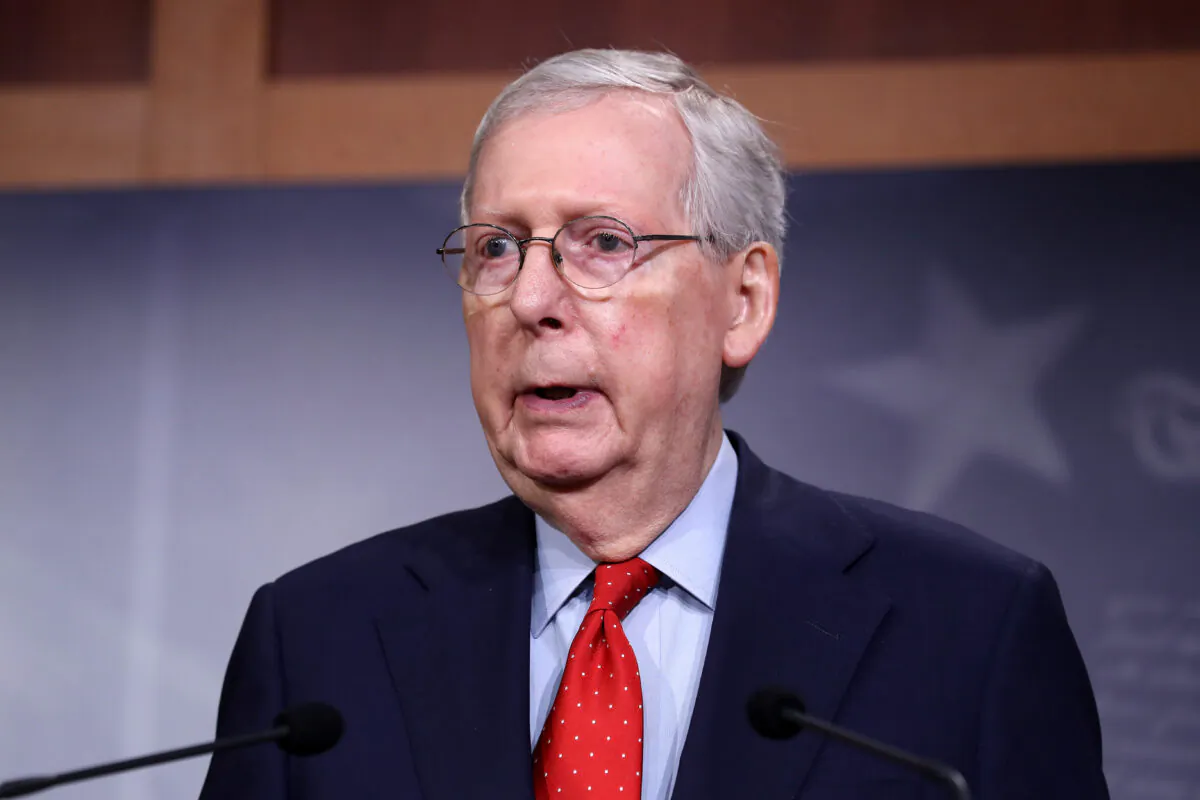 Senate Majority Leader Mitch McConnell (R-Ky.) speaks during a news briefing at the U.S. Capitol in Washington on April 21, 2020. (Chip Somodevilla/Getty Images)