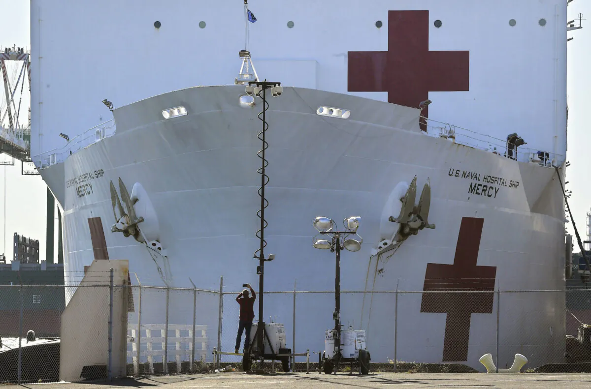 A picture of the USNS Mercy as it docks at the Port of Los Angeles on March 27, 2020. Los Angeles hasn’t been overrun with virus cases, and so the Mercy has not had to play its envisioned role of being a safety net in order to allow hospitals to focus on treating those infected with the virus. (Mark J. Terrill/AP photo, File)