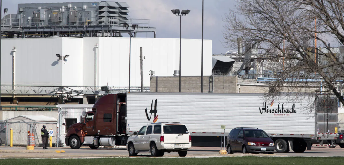 A truck enters the Tyson Fresh Meats' beef processing
complex in Dakota City, Neb. on April 29, 2020. (Tim Hynds/Sioux City Journal/AP)