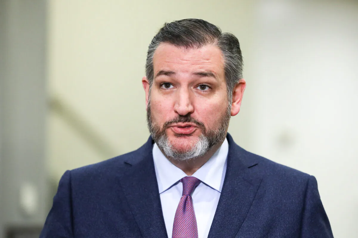 Sen. Ted Cruz (R-Texas) speaks to media during a break in impeachment proceedings, in the Senate subway area in the Capitol in Washington on Jan. 28, 2020. (Charlotte Cuthbertson/The Epoch Times)