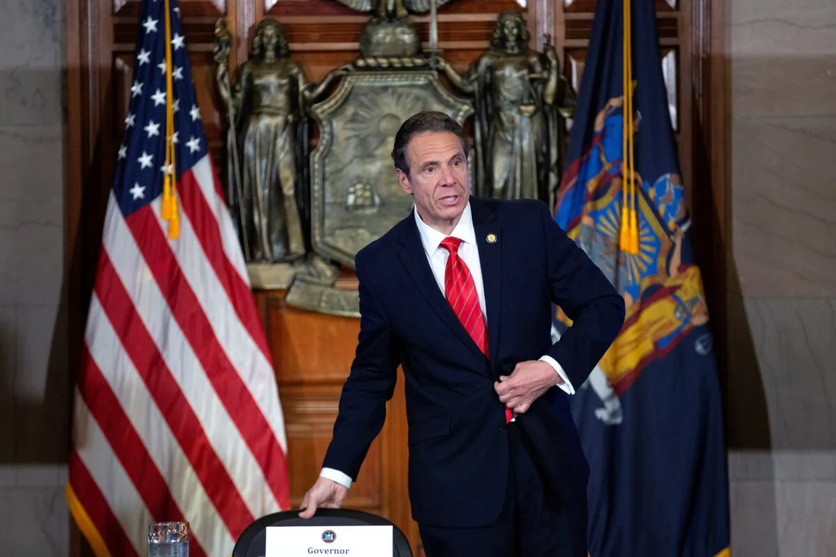 New York State Gov. Andrew Cuomo speaks as he departs his daily press briefing in Albany, N.Y.,on May 1, 2020. (Stefani Reynolds/Getty Images)