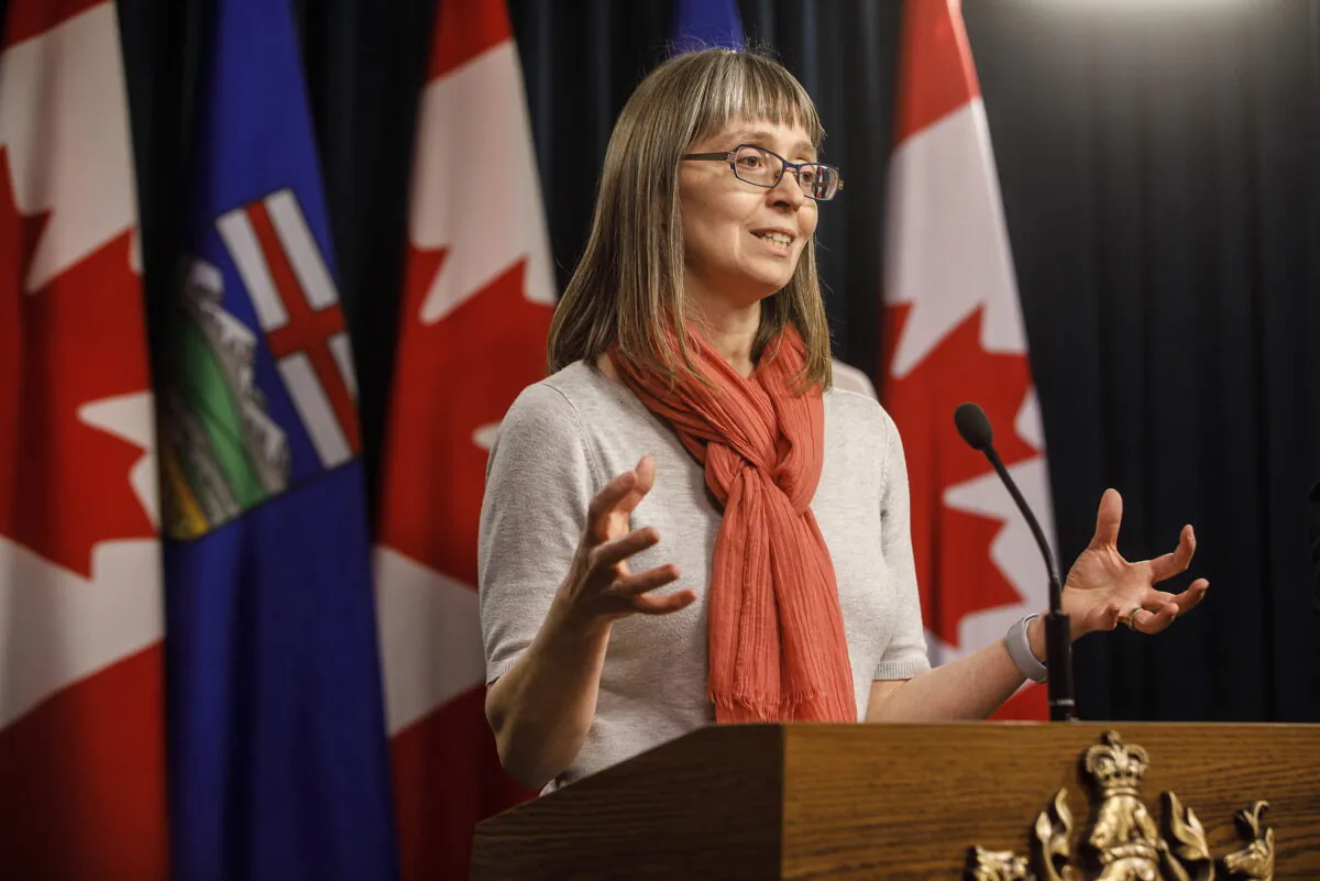 Alberta chief medical officer of health Dr. Deena Hinshaw updates media on the COVID-19 situation in Edmonton on Friday March 20, 2020. (Jason Franson/The Canadian Press)