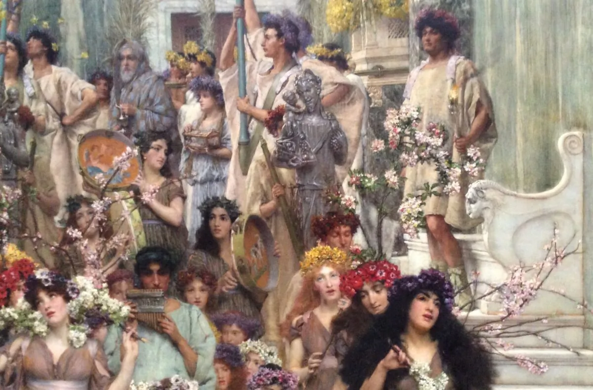 Detail of musicians and procession in “Spring,” 1894, by Lawrence Alma-Tadema. The J. Paul Getty Museum, Los Angeles. (Public Domain)