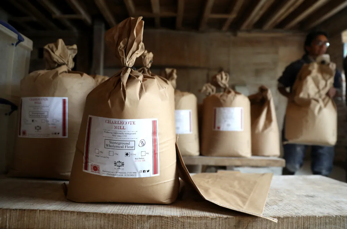Wholemeal flour bags ready for delivery at Charlecote Mill in Hampton Lucy, Warwickshire, UK on April 29, 2020. (David Rogers/Getty Images)